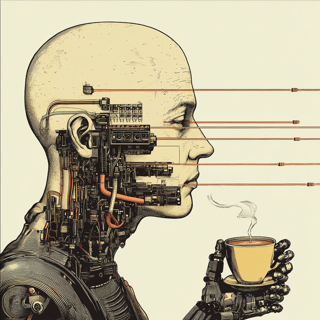 A young guy drinks coffee, line goes up; robot rises consistently