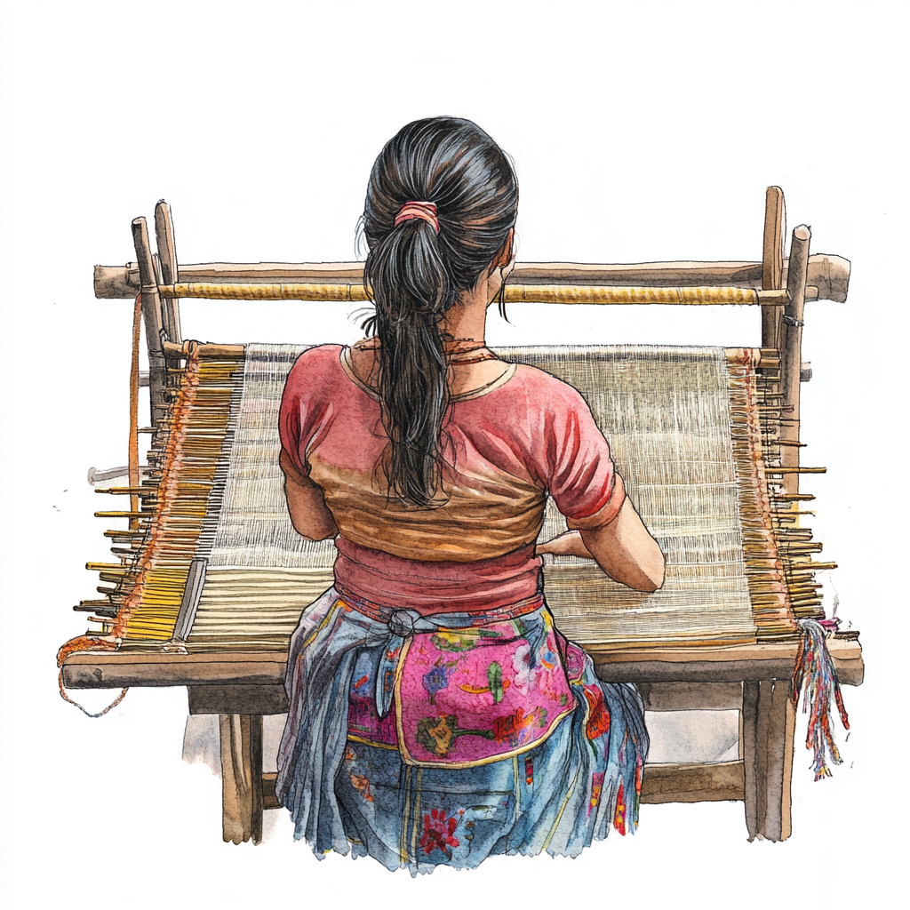 A young lady weaving silk fabric peacefully