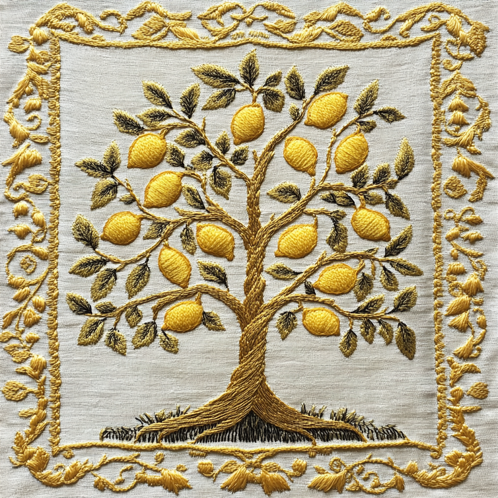 A young lemon tree on a knight's tapestry