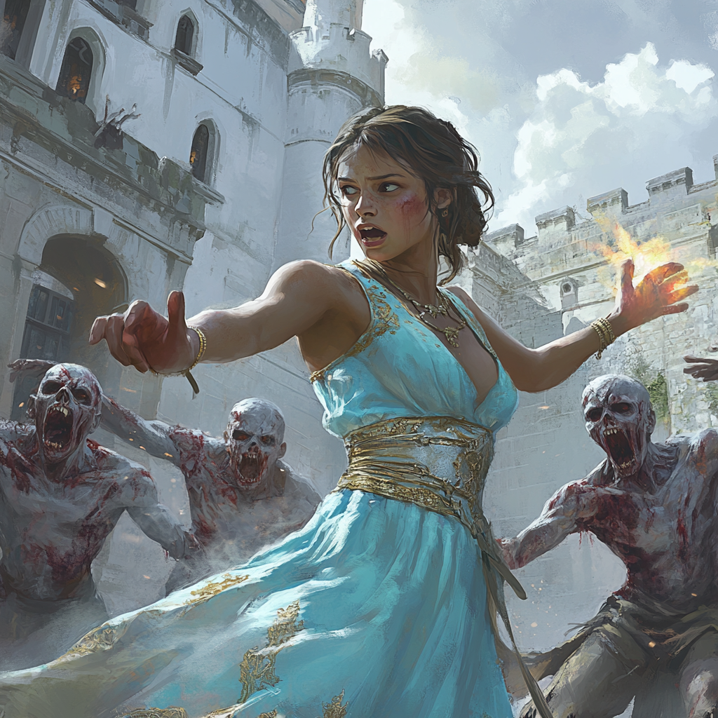 A young mage banishes confused zombies from castle.