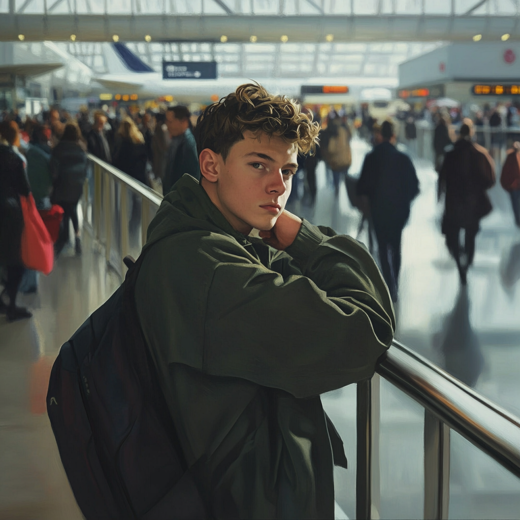 A young man at busy airport, calm expression