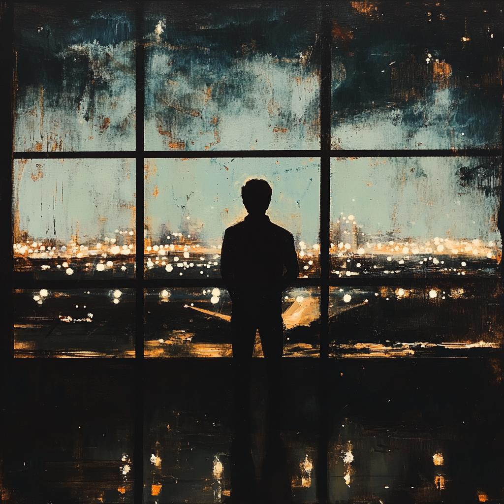 A young man at the airport, city lights glow