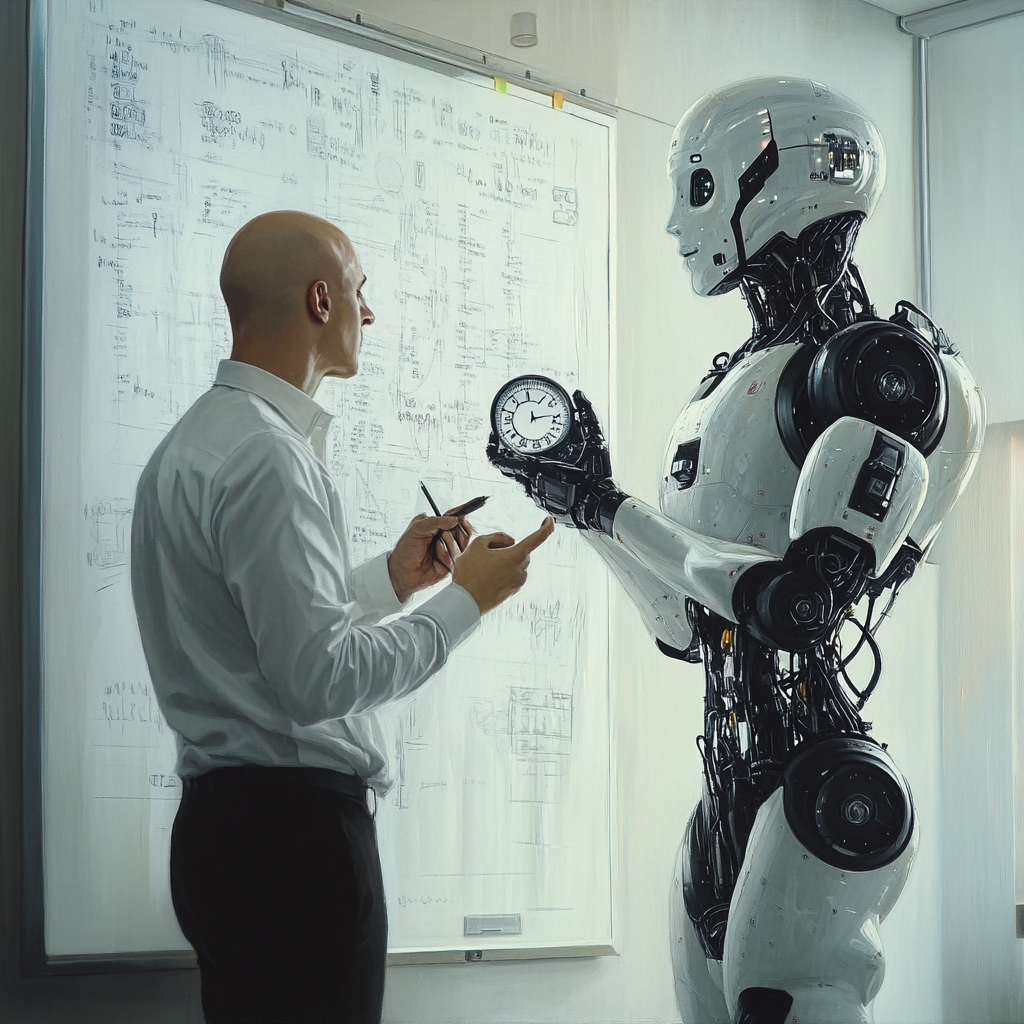 A young man explains in office with robot.