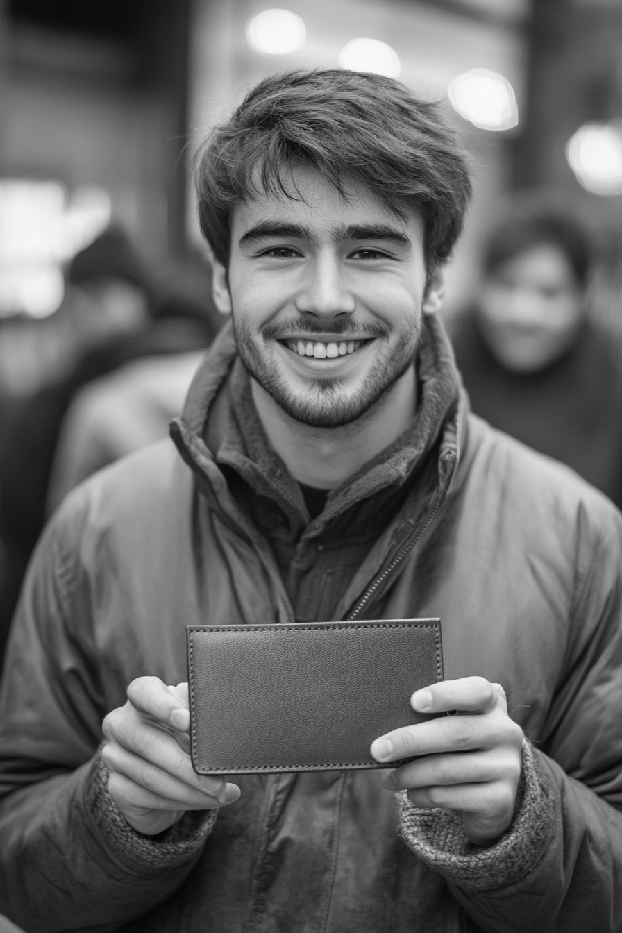 A young man happily holding a gift