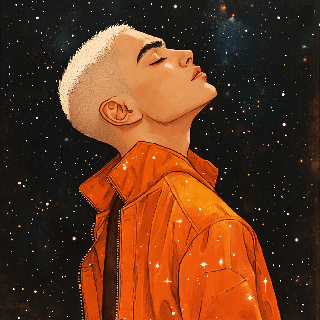 A young man in 90s jacket in space portrait