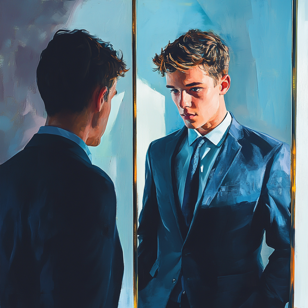 A young man in suit looks at mirror.