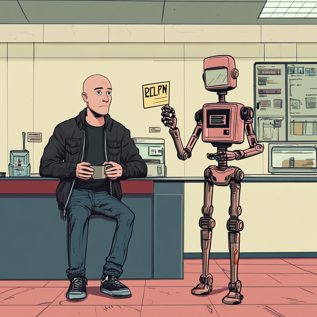 A young man on break with robot friend