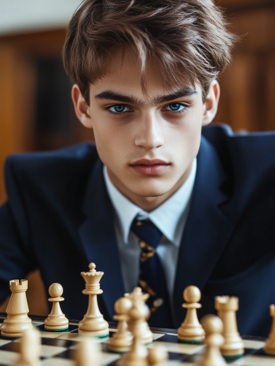 A young man playing chess in school uniform