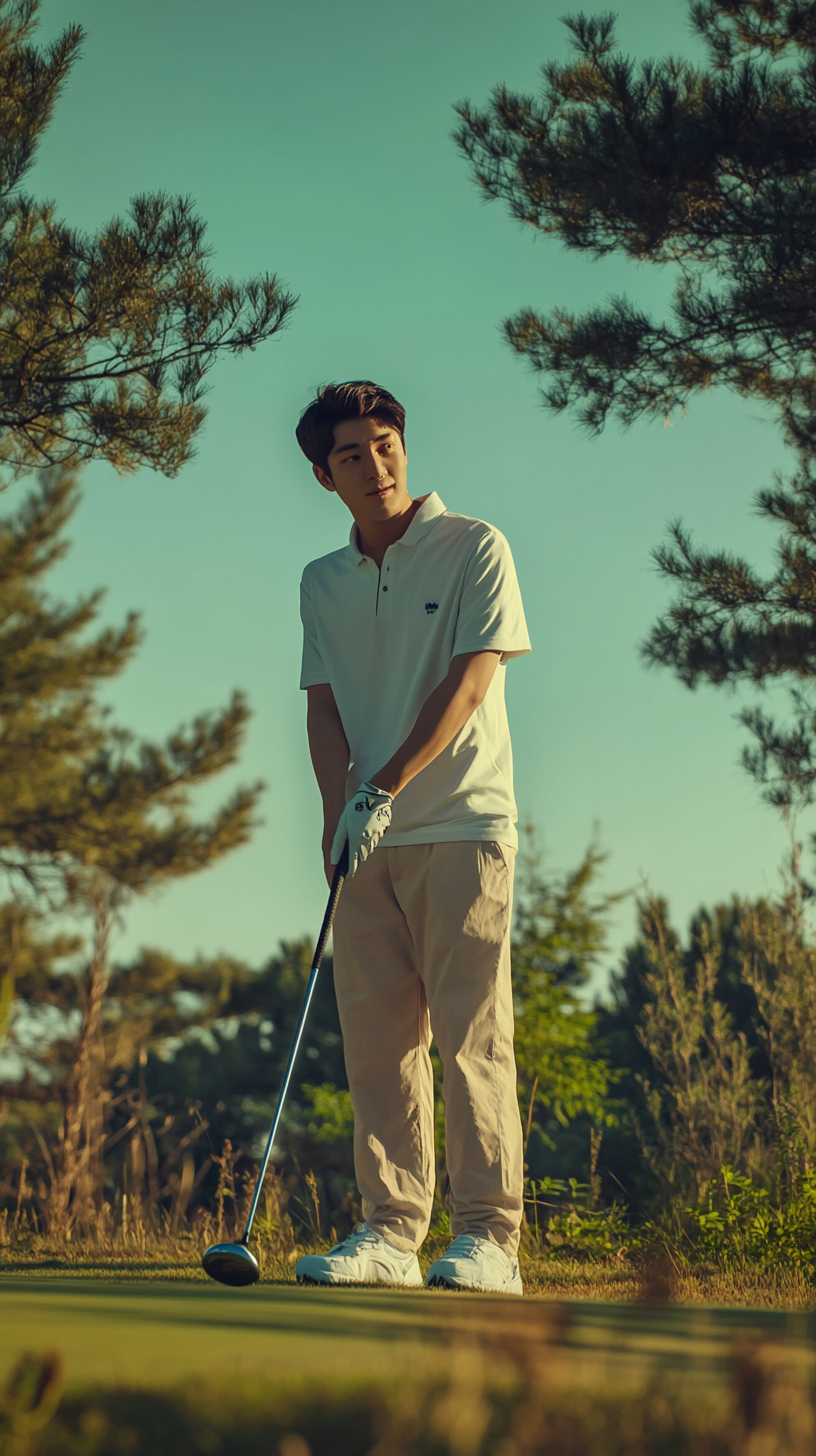 A young man playing golf in Korea, enjoying the game.