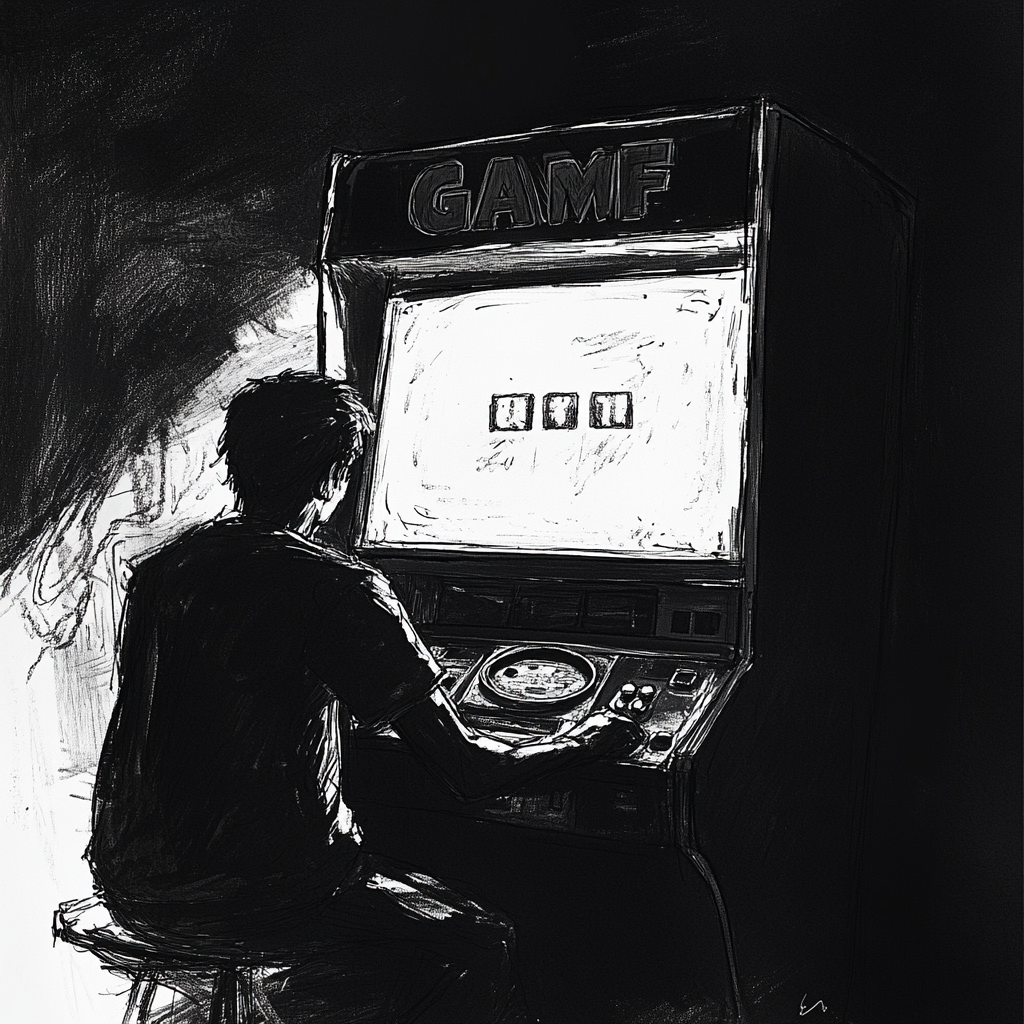 A young man plays arcade game, silhouette style.