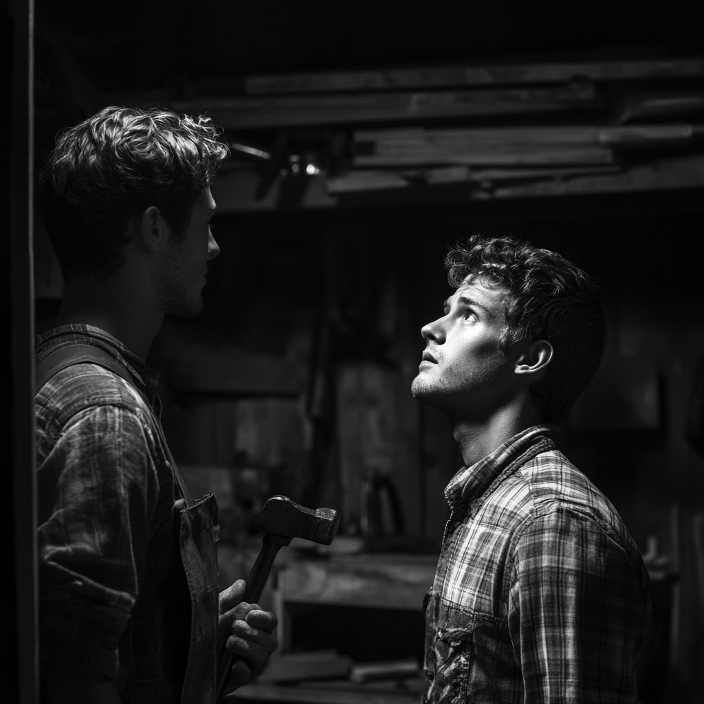 A young man receives a hammer from his mentor.