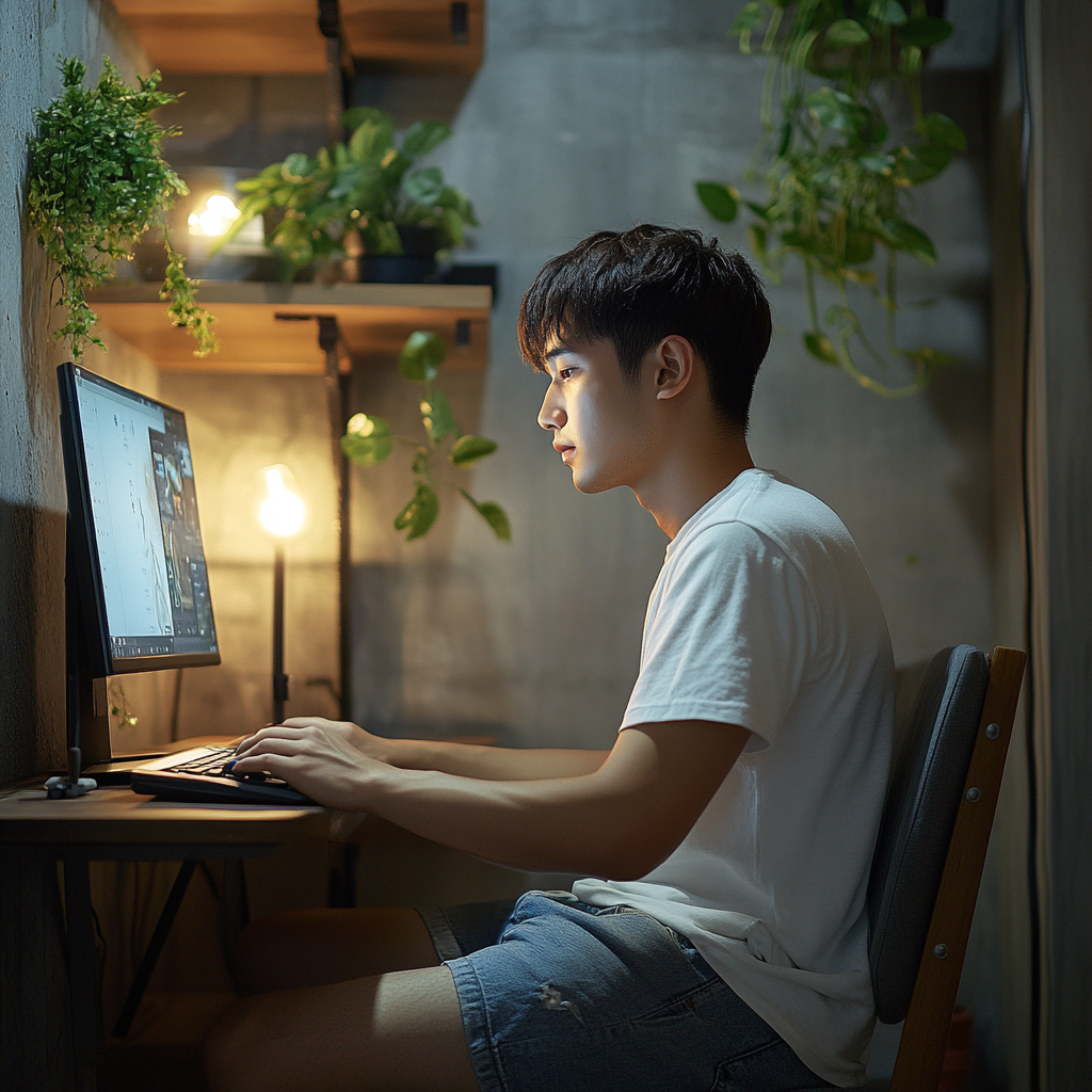 A young man typing at desk