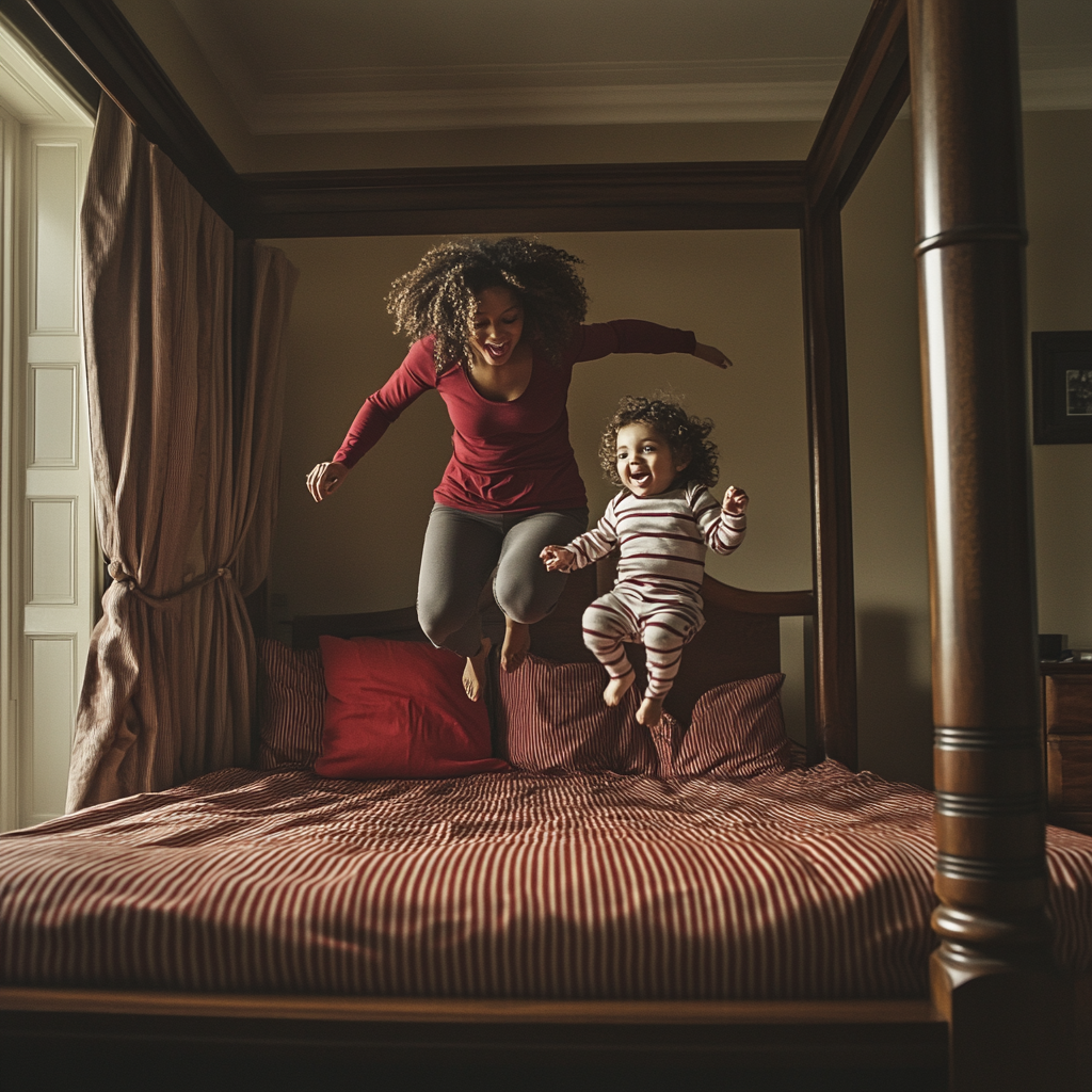 A young mother and toddler jumping on bed