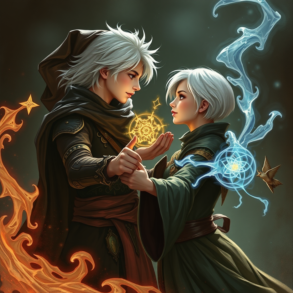 A young witch couple casting magic spells lovingly.