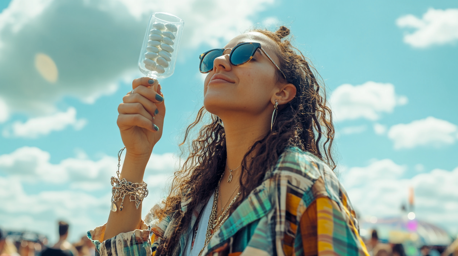 A young woman holds a maraca with mints.