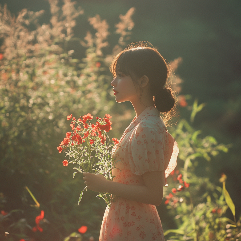 A young woman in a pastel dress gathers flowers