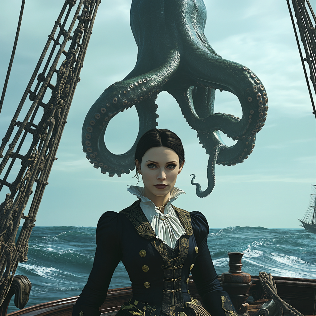 A young woman in captain's clothing with octopus tentacle.