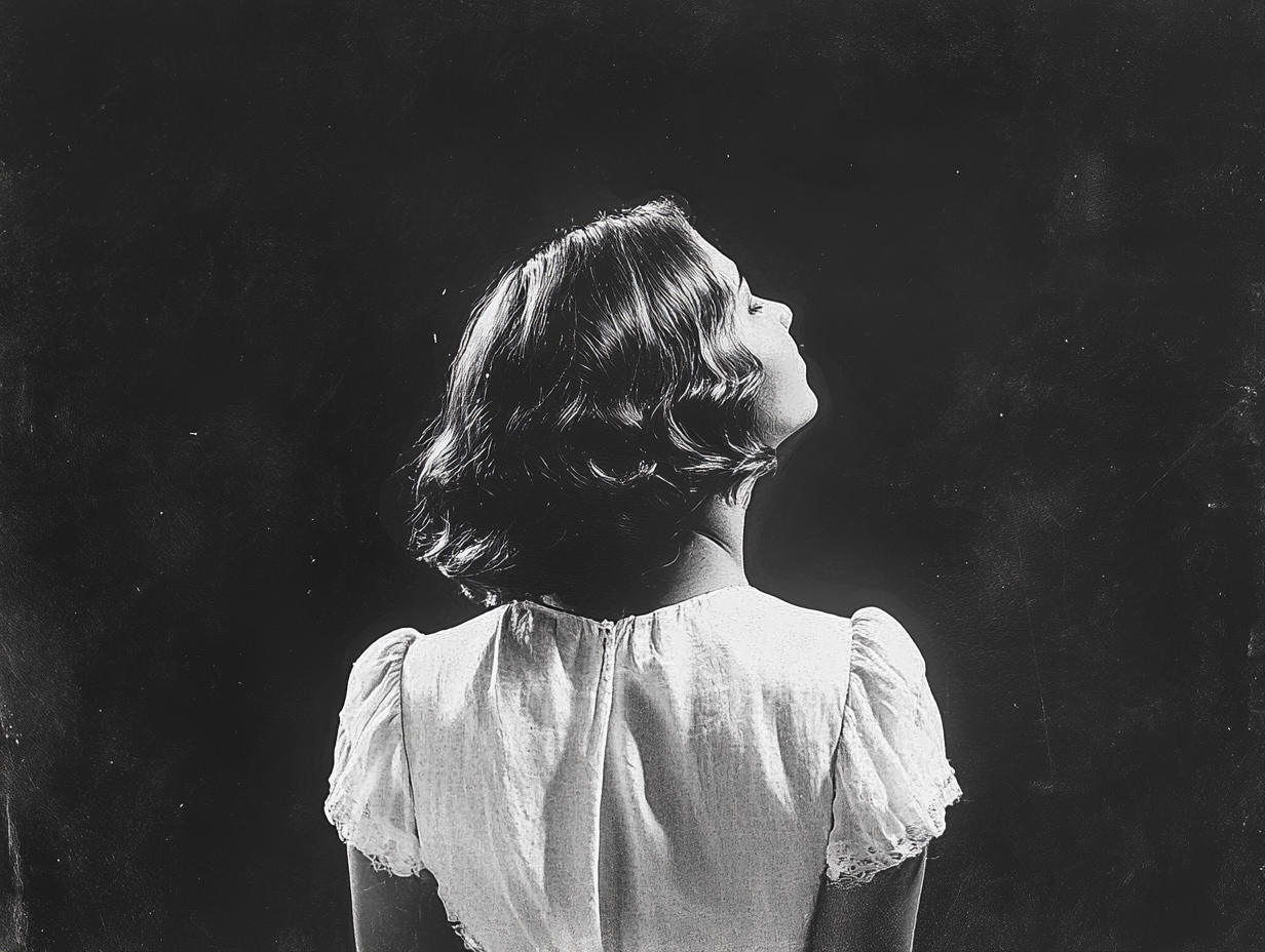 A young woman in white dress looking up