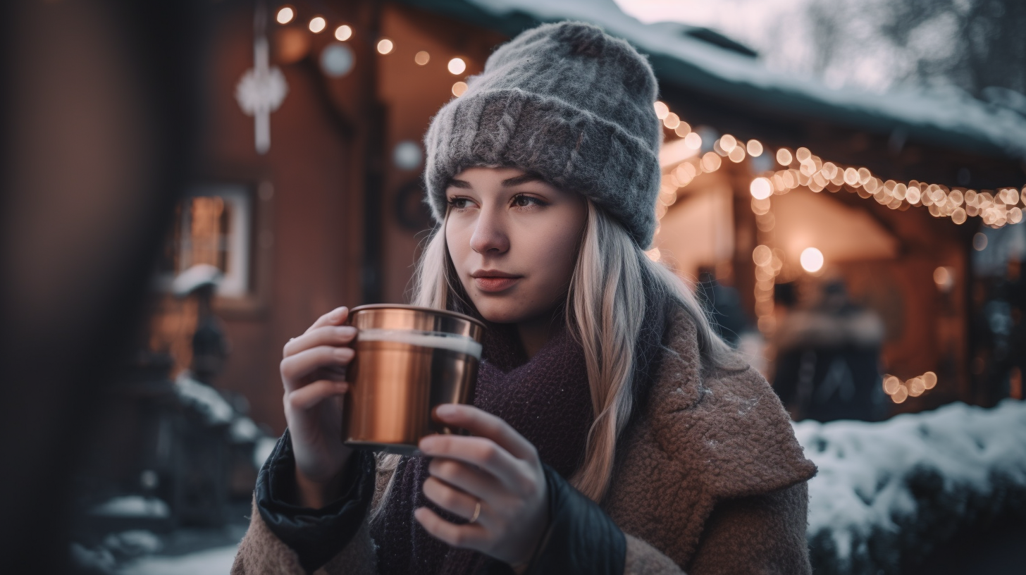 A young woman influencer in wintery scene.