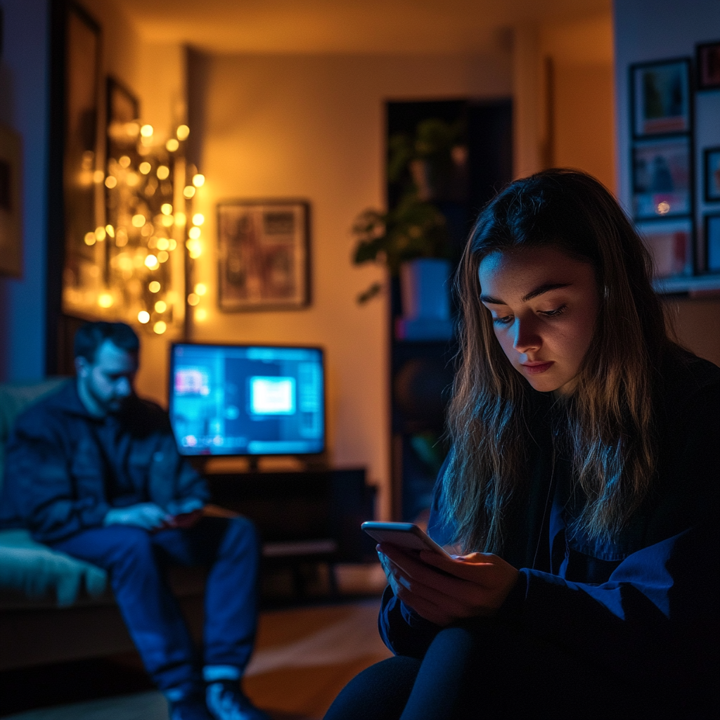 A young woman investigates on her smartphone with help.