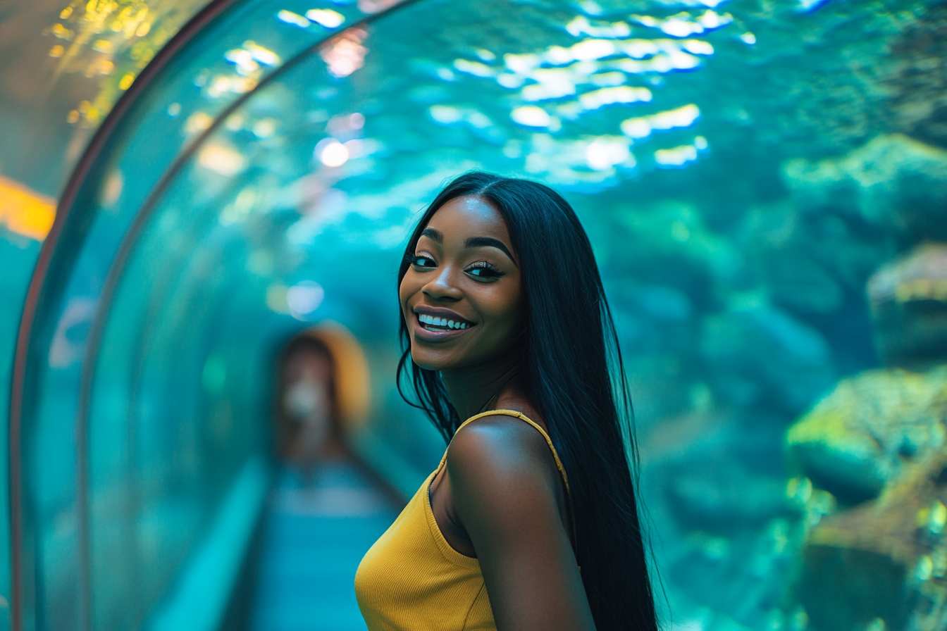 A young woman with long straight hair in tunnel.