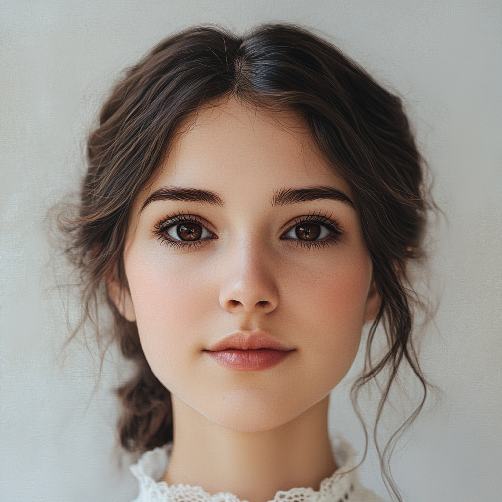 A young woman with oval face, dark eyes, blushing.