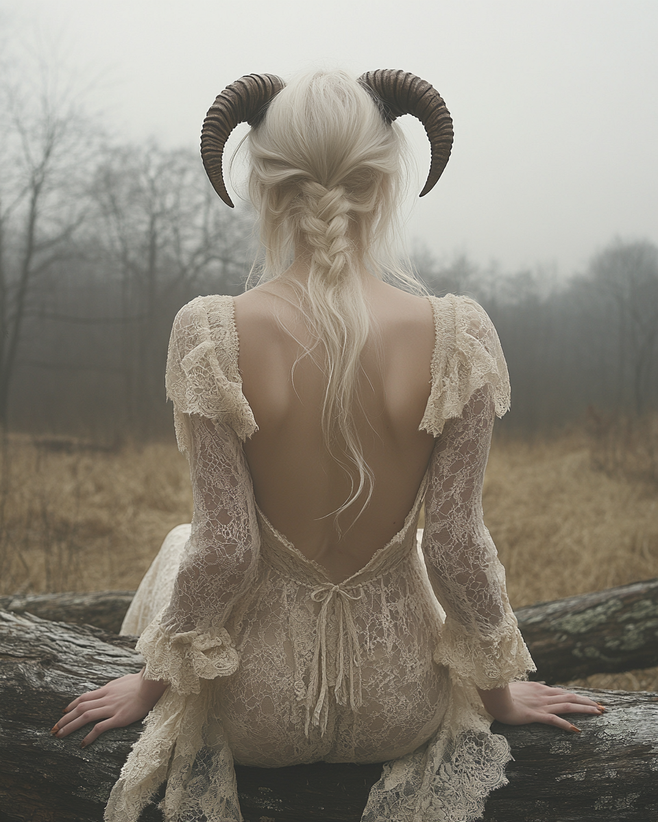 A young woman with white hair sitting on log.