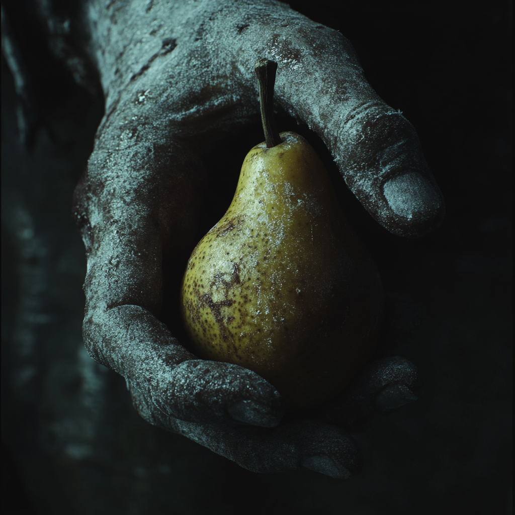 A zombie hand holding a rotten pear closely.