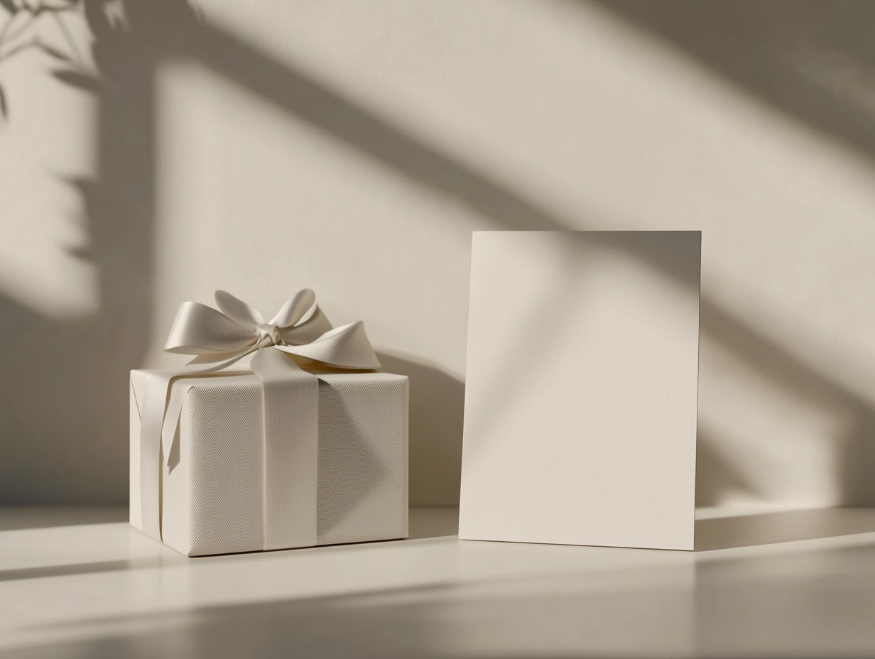 A5 Mockup Next to a Wrapped Gift Box