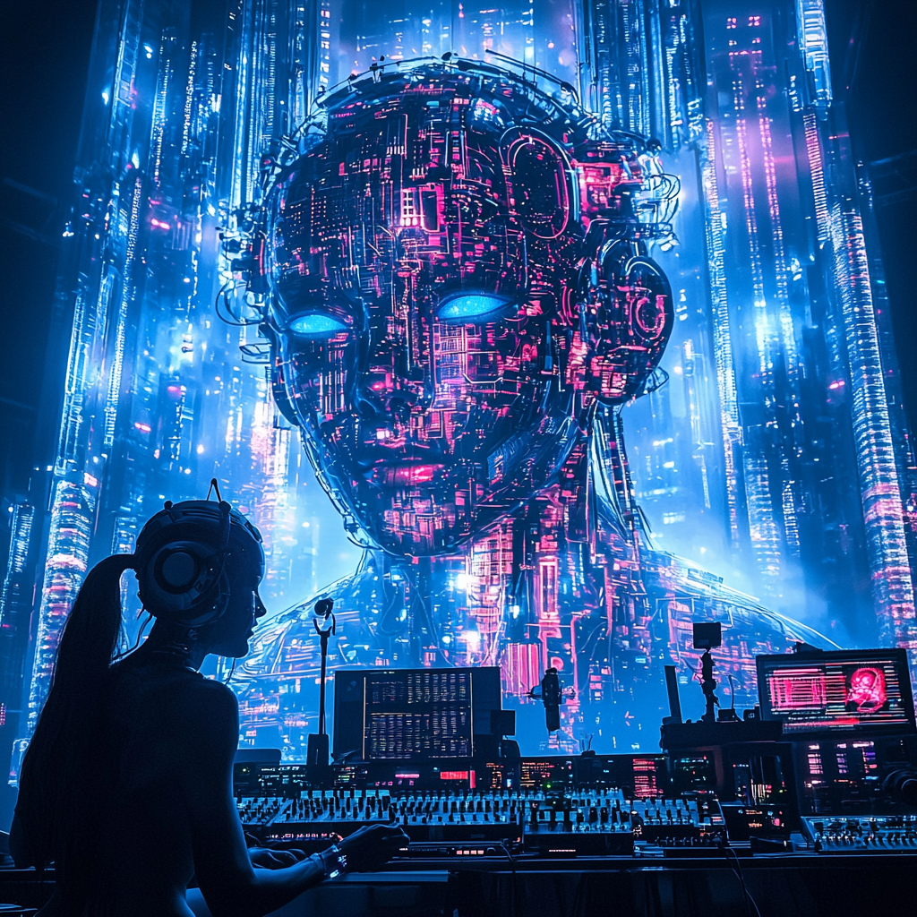 AI, SF rave, speakers, musicians, hackers, art deco, futuristic.