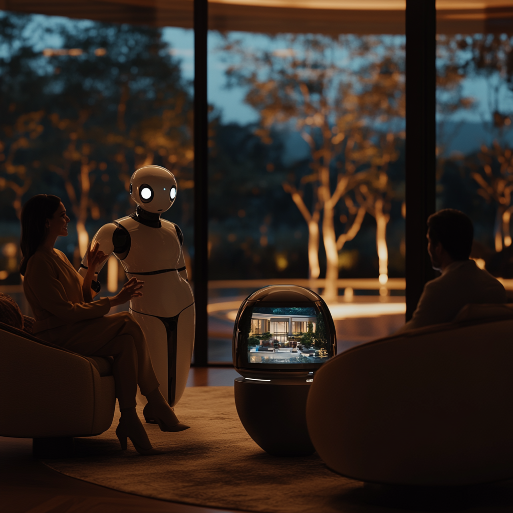 AI Bot consults couple on luxury property in evening.