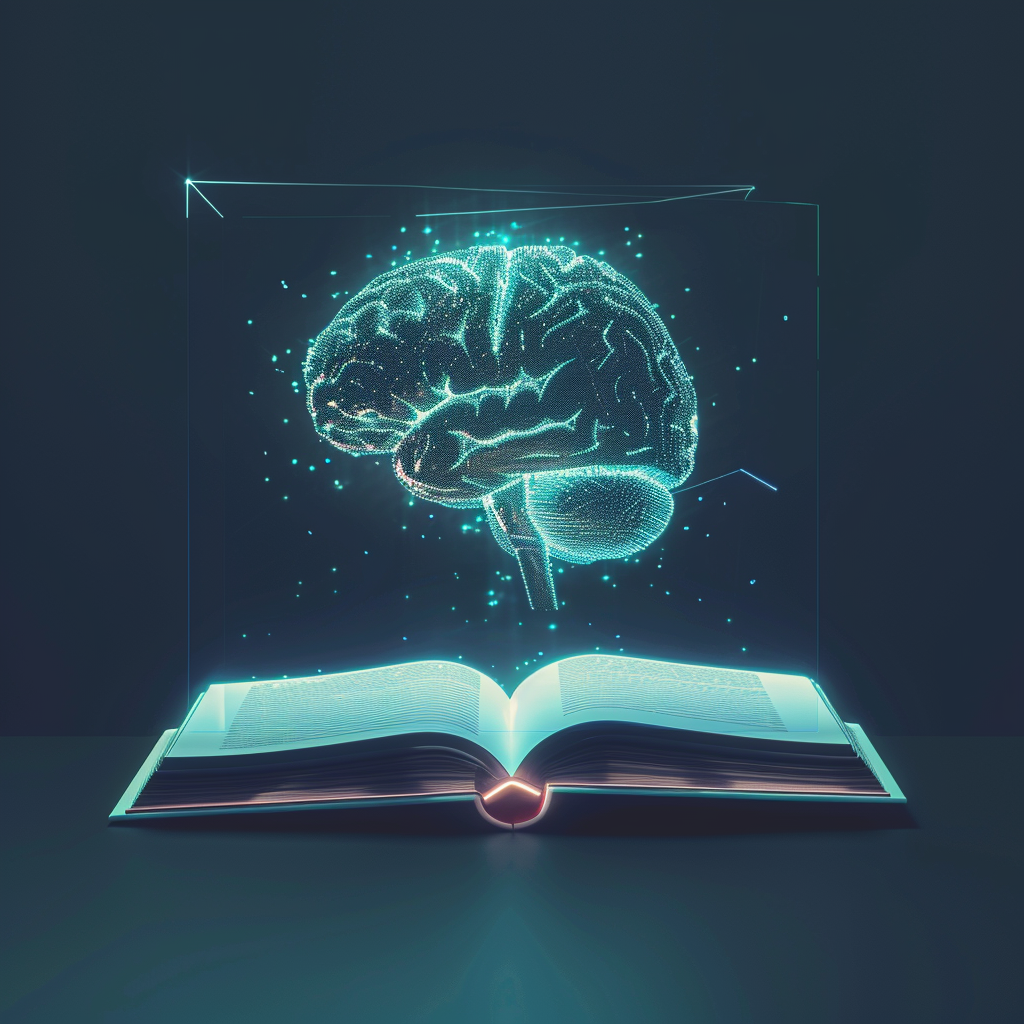 AI Brain Icon floating above open book or tablet.