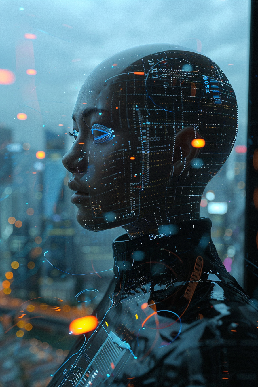 AI CEO commands futuristic city with glowing authority.