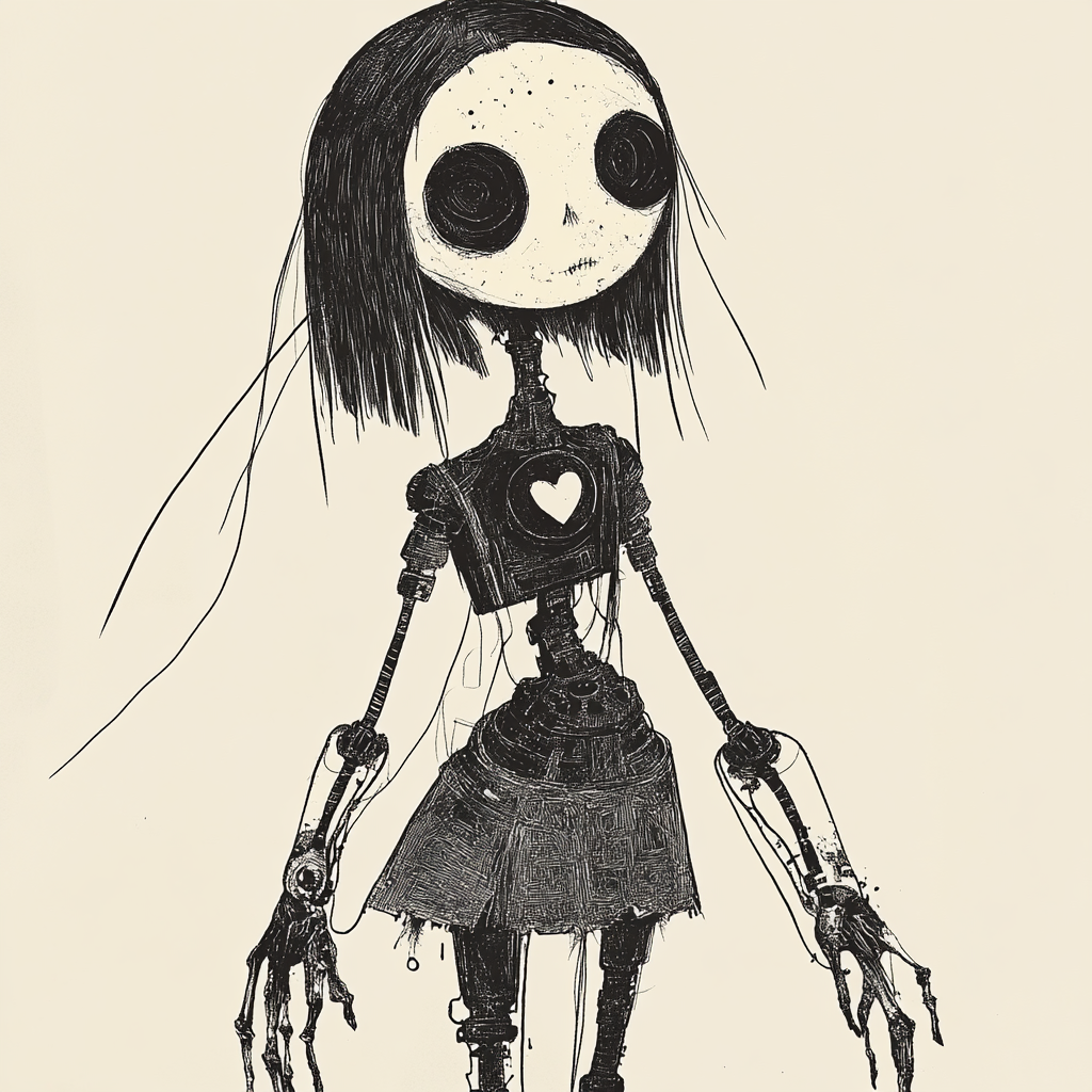 AI Image: Young girl with robotic features in eerie style.