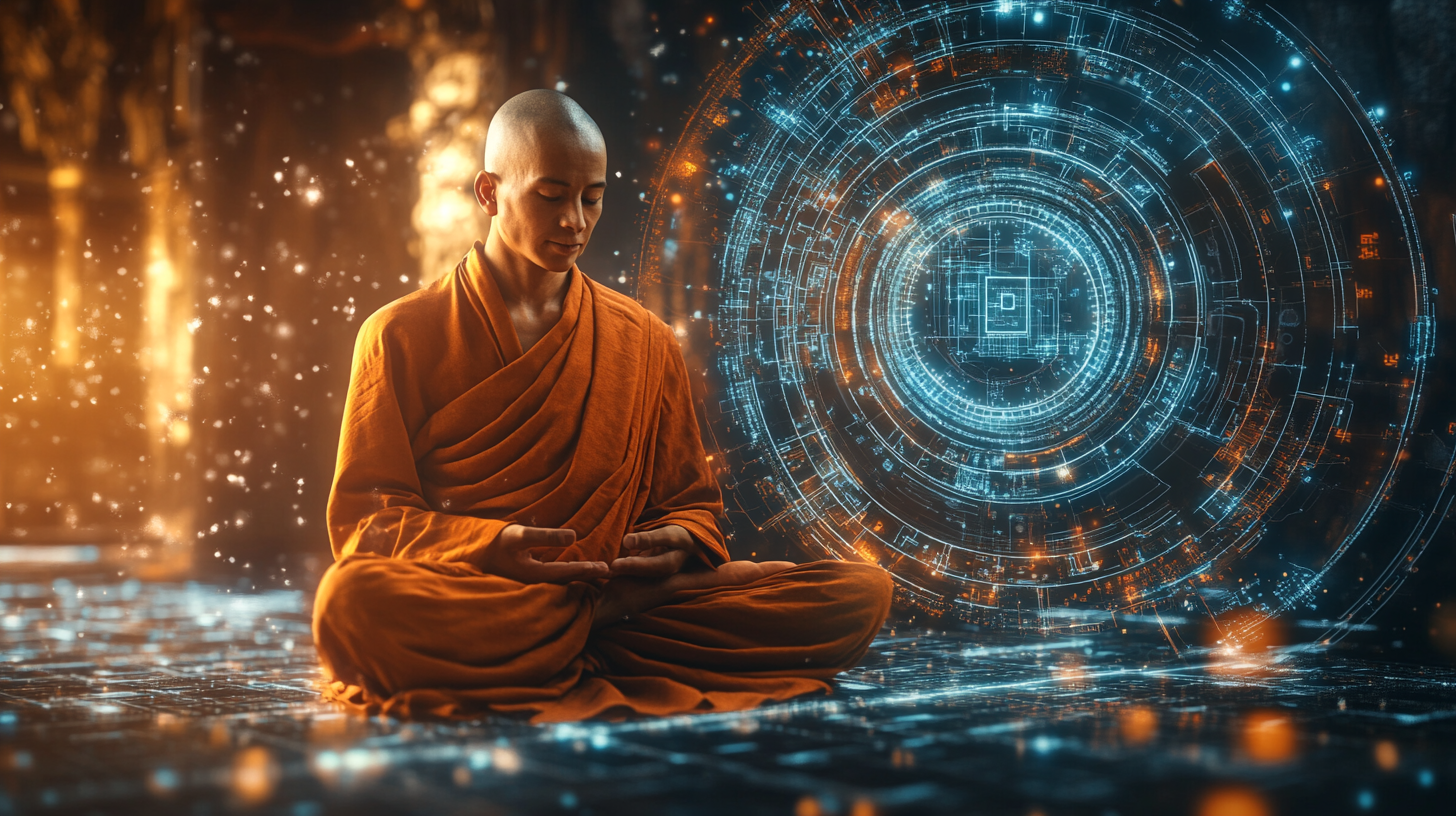 AI Monk Meditates with Digital and Spiritual Harmony