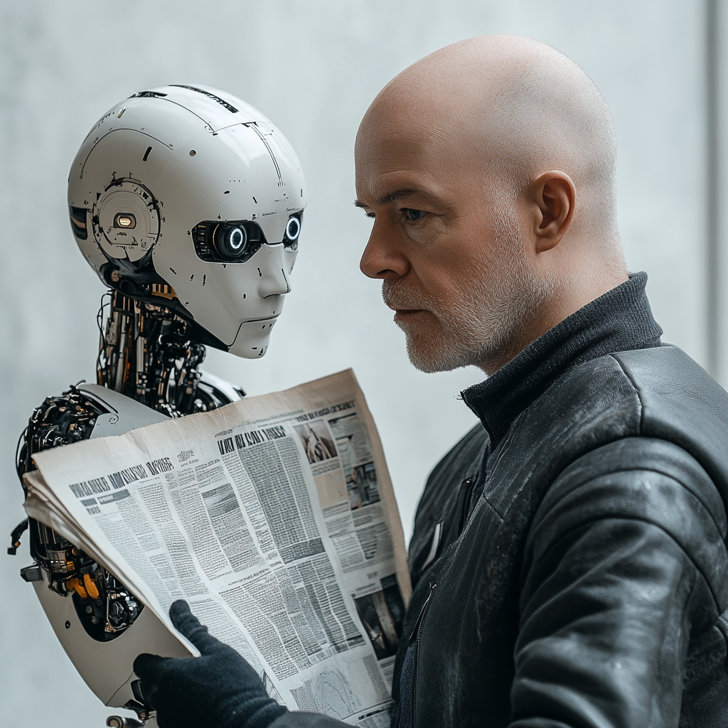 AI Robot Gives Futuristic Newspaper to Bald Swedish Man 