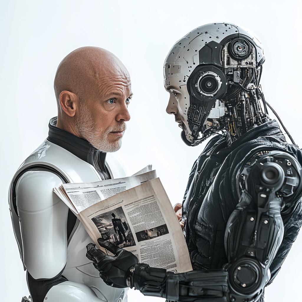 AI Robot Gives Newspaper to Attractive Blue-Eyed Man