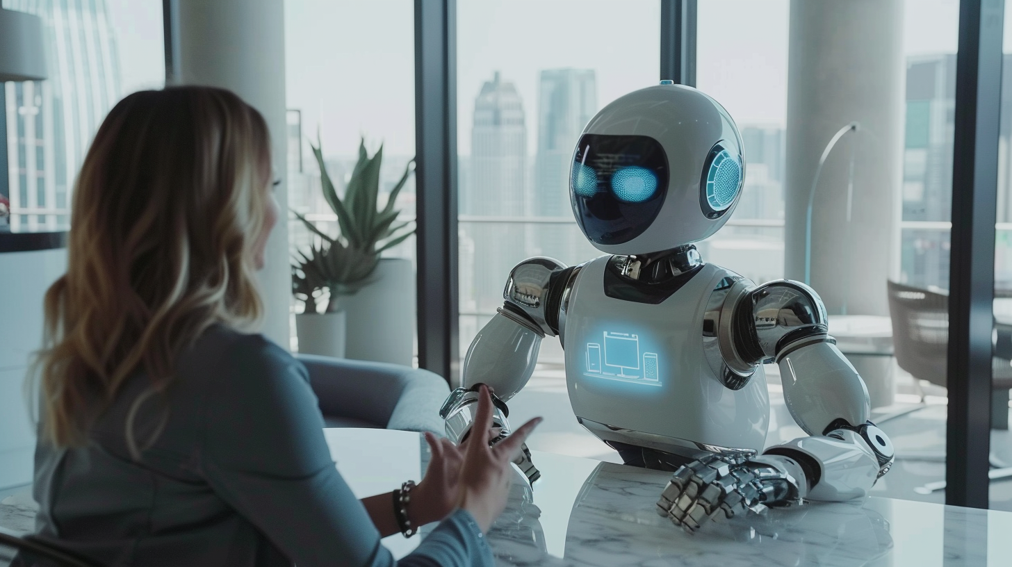 AI Robot Helps Couple in Modern Real Estate Office