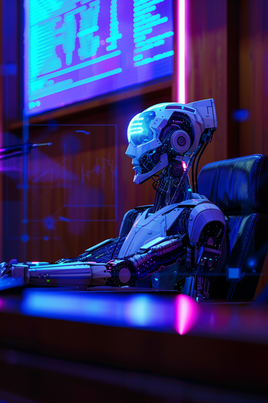 AI Robot Judge ruling in futuristic holographic courtroom.