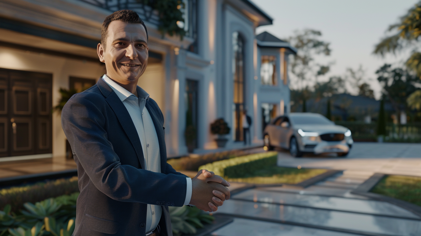 AI bot shakes hands with man at luxury villa.