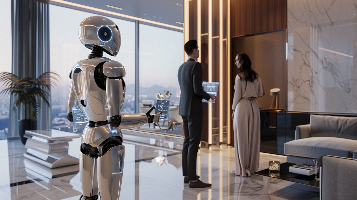 AI consults couple in luxurious real estate office.