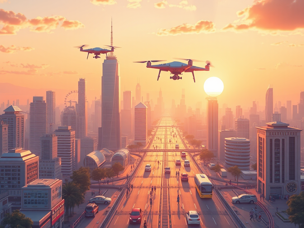 AI-powered futuristic city with flying cars and drones