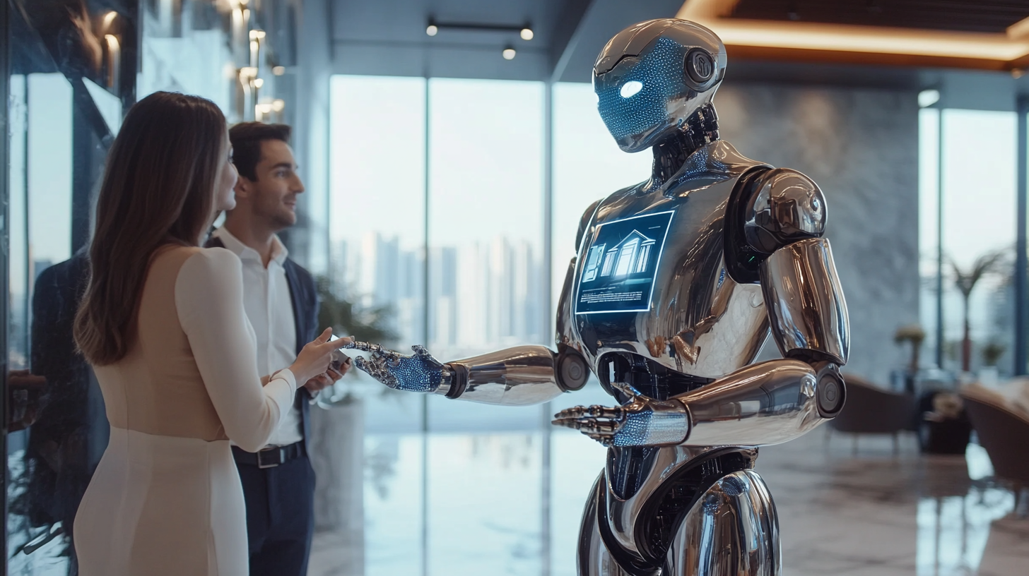 AI robot assists couple in luxurious real estate office.