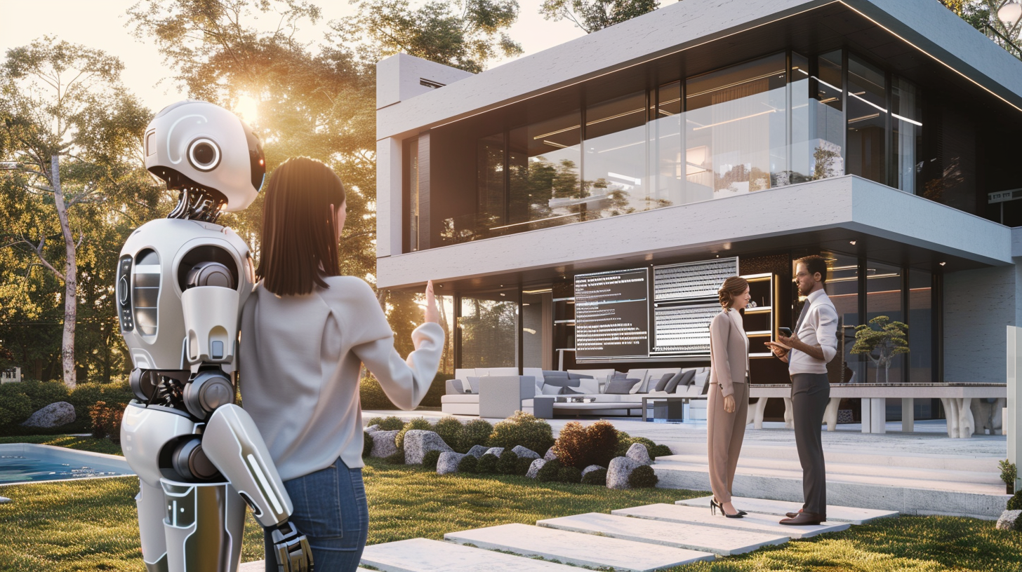 AI robot consults couple in front of luxury villa.