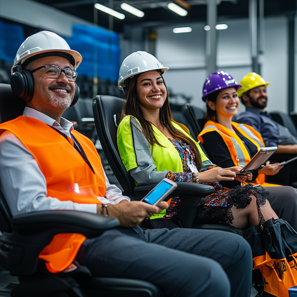 ALT: Employees smile, chairs hold work tools.