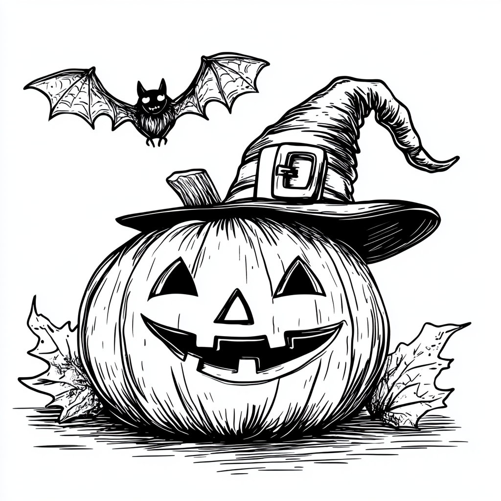 ALT: Halloween coloring page with smiling pumpkin, flying bat.