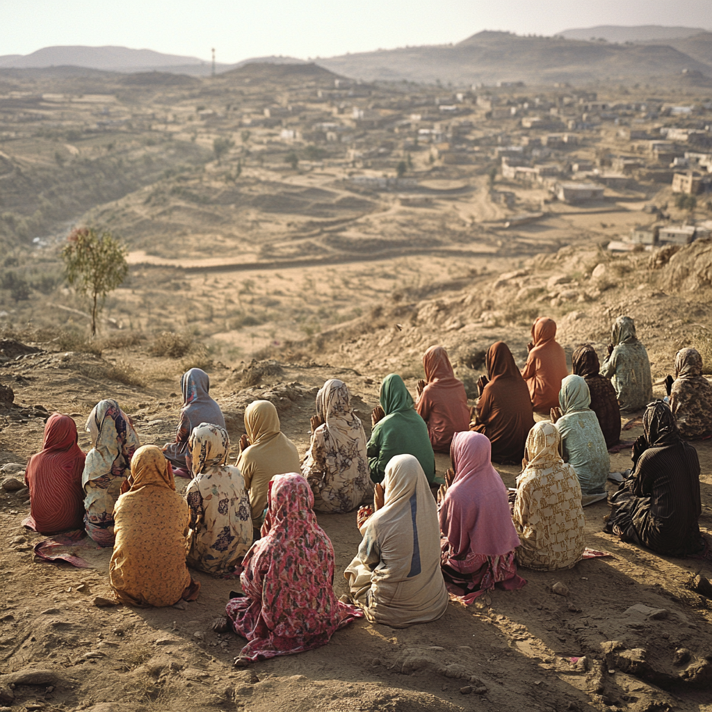 ALT: People praying in village; suffering, community, hope, solemn.