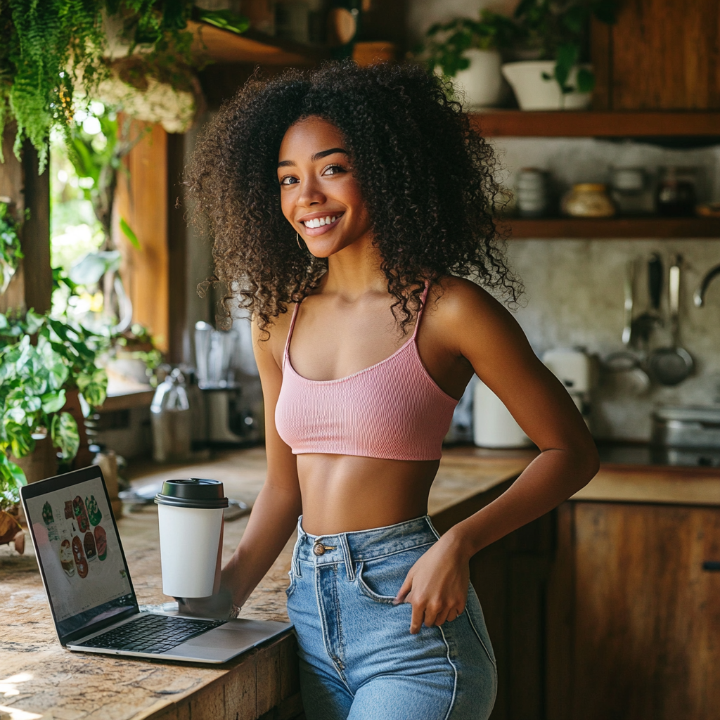 ALT: Smiling girl in pink top with laptop at home.