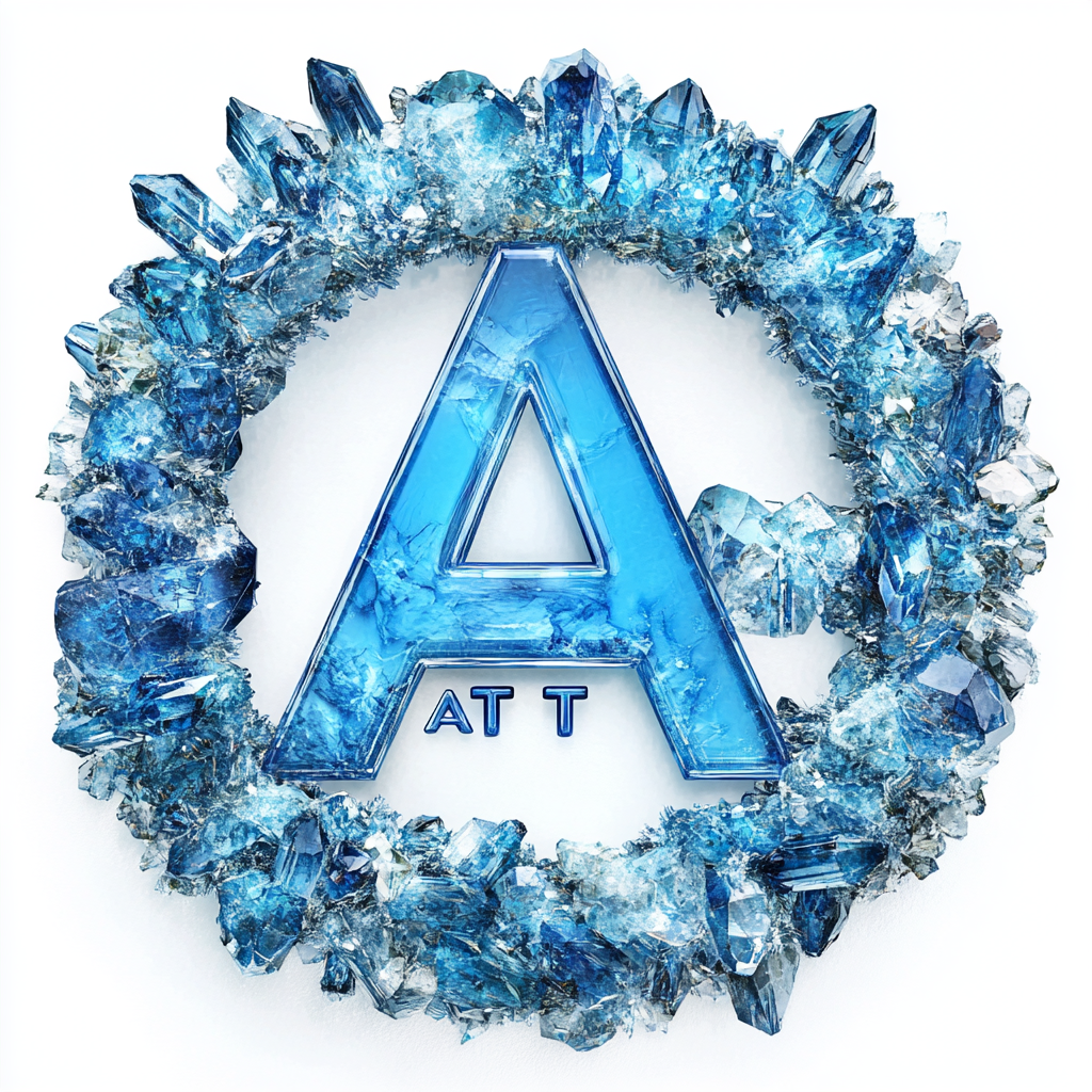 AT&T logo with blue circle, surrounded by crystals.