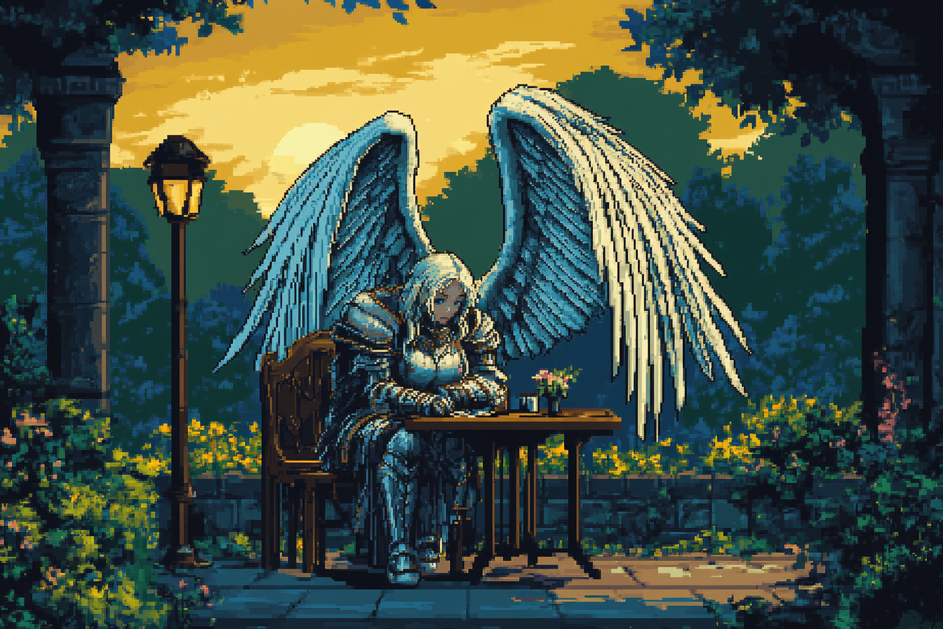 Aasimar Swordswoman at Night in Pixel Art Garden